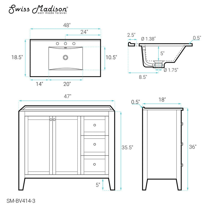 Swiss Madison Cannes 48 in. White Bathroom Vanity With White, 3-Hole Ceramic Sink Top - SM-BV414-3