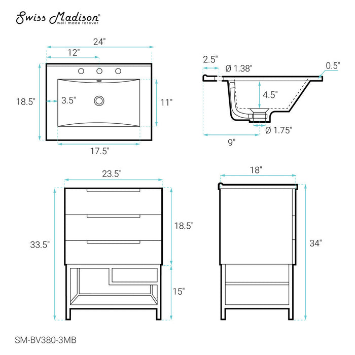 Swiss Madison Carre 24 in. White Oak Bathroom Vanity With Black, 3-Hole Ceramic Sink Top - SM-BV380-3MB