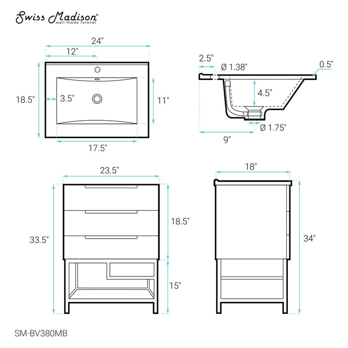 Swiss Madison Carre 24 in. White Oak Bathroom Vanity With Black Ceramic Sink Top - SM-BV380MB