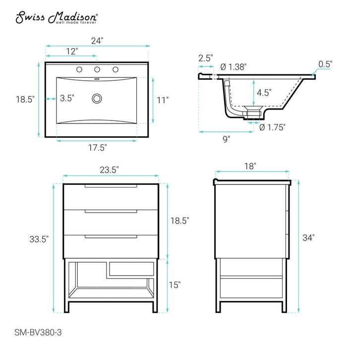 Swiss Madison Carre 24 in. White Oak Bathroom Vanity With White, 3-Hole Ceramic Sink Top - SM-BV380-3