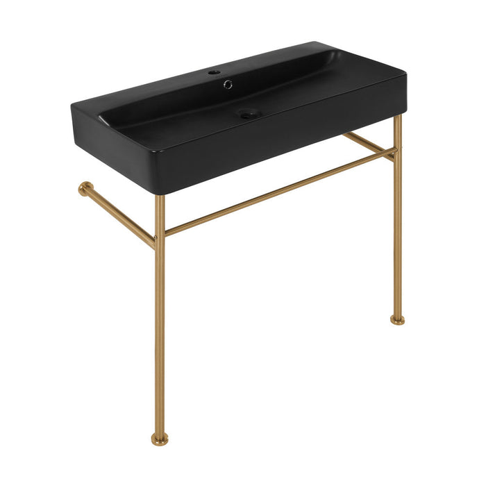 Swiss Madison Carre 36 Ceramic Console Sink Matte Black Basin Brushed Gold Legs - SM-CS753BG