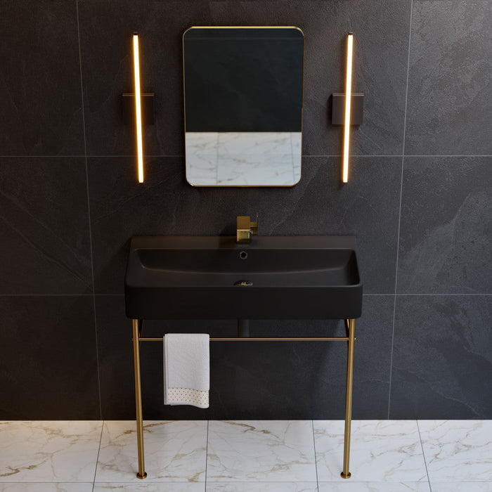 Swiss Madison Carre 36 Ceramic Console Sink Matte Black Basin Brushed Gold Legs - SM-CS753BG