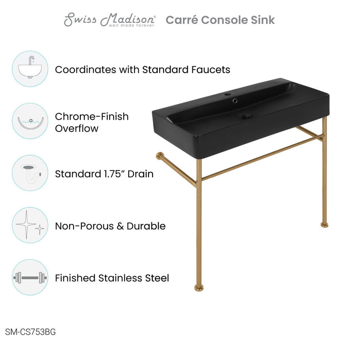 Swiss Madison Carre 36 Ceramic Console Sink Matte Black Basin Brushed Gold Legs - SM-CS753BG