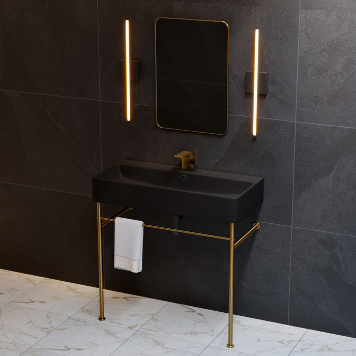 Swiss Madison Carre 36 Ceramic Console Sink Matte Black Basin Brushed Gold Legs - SM-CS753BG