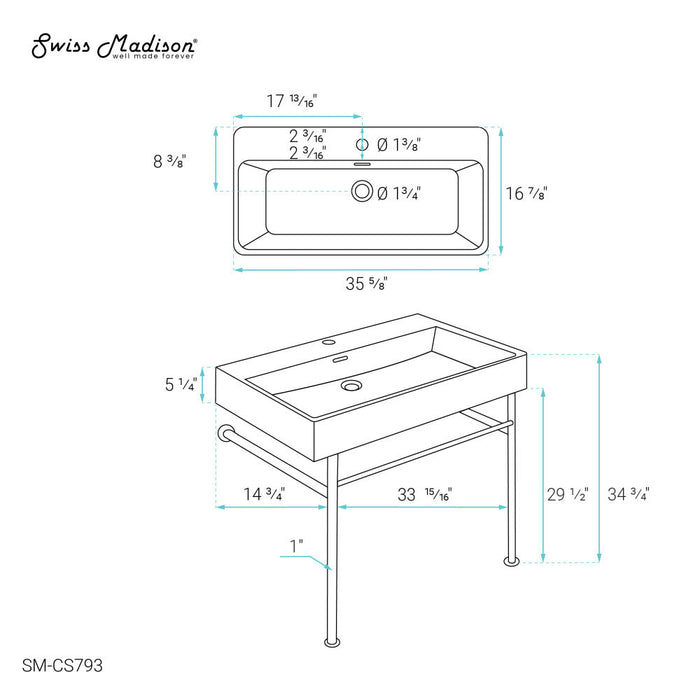 Swiss Madison Carre 36 Ceramic Console Sink Matte Black Basin Matte White Legs - SM-CS793