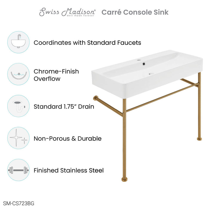 Swiss Madison Carre 36 Ceramic Console Sink White Basin Brushed Gold Legs - SM-CS723BG