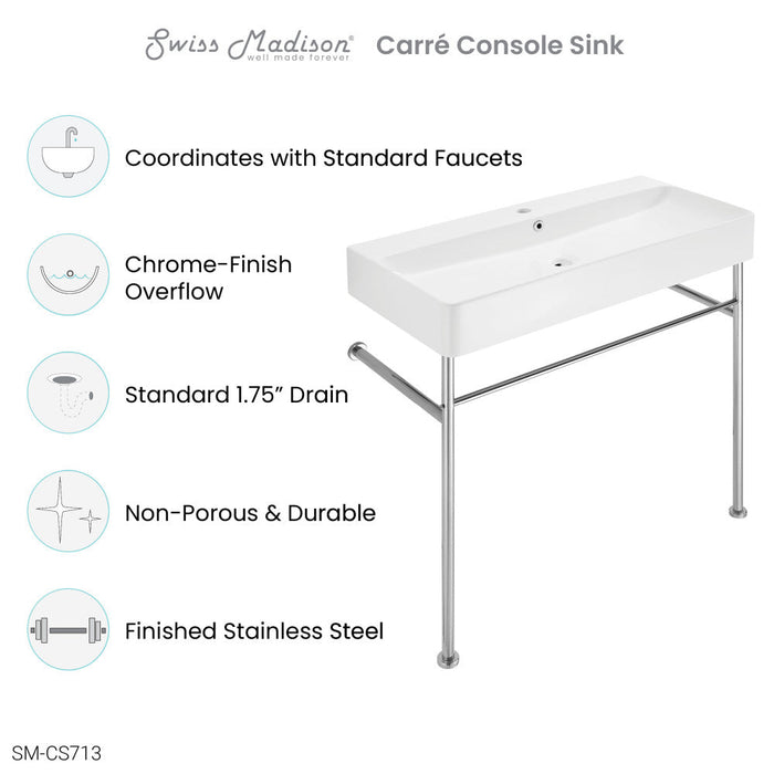 Swiss Madison Carre 36 Ceramic Console Sink White Basin Chrome Legs - SM-CS713