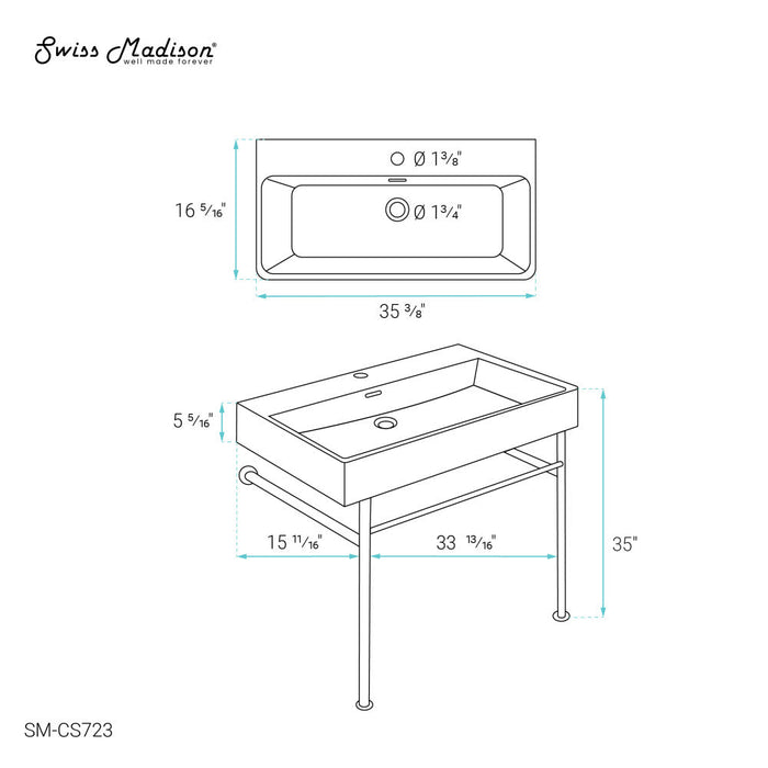 Swiss Madison Carre 36 Ceramic Console Sink White Basin Gold Legs - SM-CS723