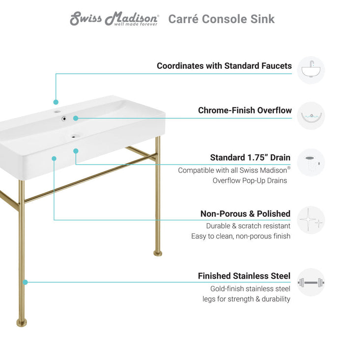 Swiss Madison Carre 36 Ceramic Console Sink White Basin Gold Legs - SM-CS723