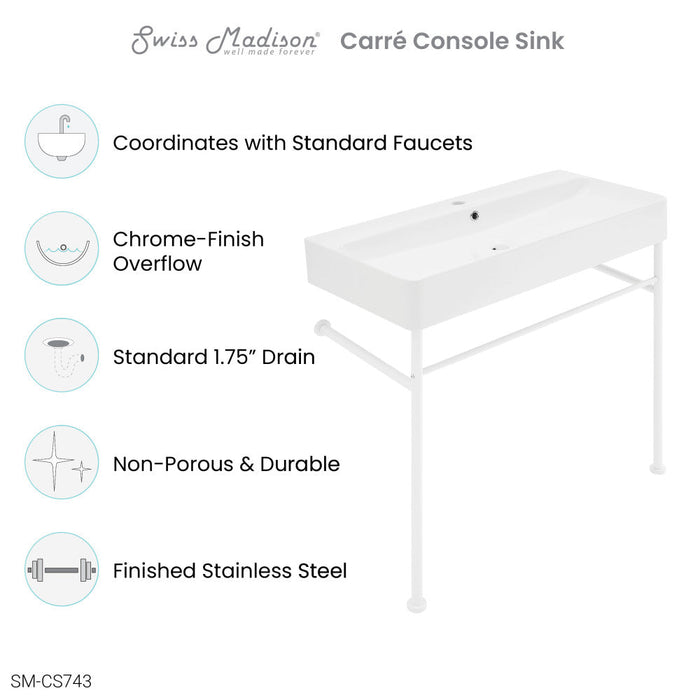 Swiss Madison Carre 36 Ceramic Console Sink White Basin Matte White Legs - SM-CS743