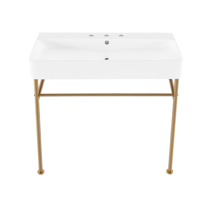 Swiss Madison Carre 36" Console Sink White Basin Brushed Gold Legs with 8" Widespread Holes - SM-CS723BG-3