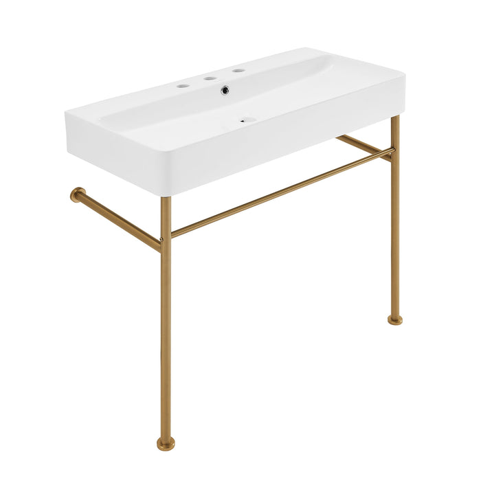 Swiss Madison Carre 36" Console Sink White Basin Brushed Gold Legs with 8" Widespread Holes - SM-CS723BG-3