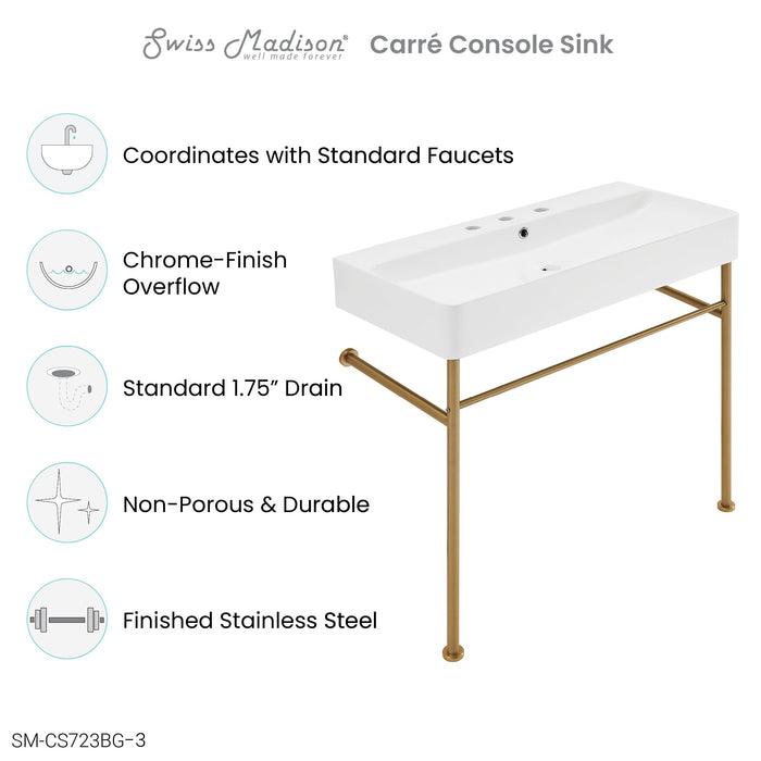 Swiss Madison Carre 36" Console Sink White Basin Brushed Gold Legs with 8" Widespread Holes - SM-CS723BG-3