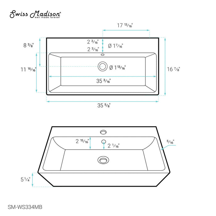 Swiss Madison Carre 36"  Rectangle Wall-Mount Bathroom Sink in Matte Black - SM-WS334MB