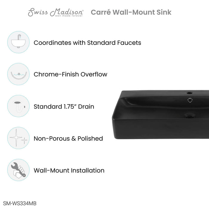 Swiss Madison Carre 36"  Rectangle Wall-Mount Bathroom Sink in Matte Black - SM-WS334MB