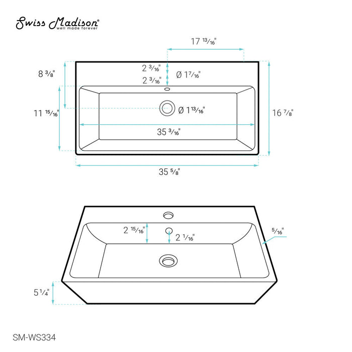 Swiss Madison Carre 36" Rectangle Wall-Mount Bathroom Sink - SM-WS334