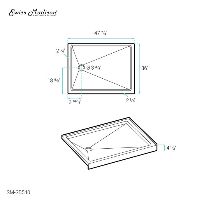 Swiss Madison Carre 48" x 36" Acrylic White, Single-Threshold, Left Drain, Shower Base - SM-SB540