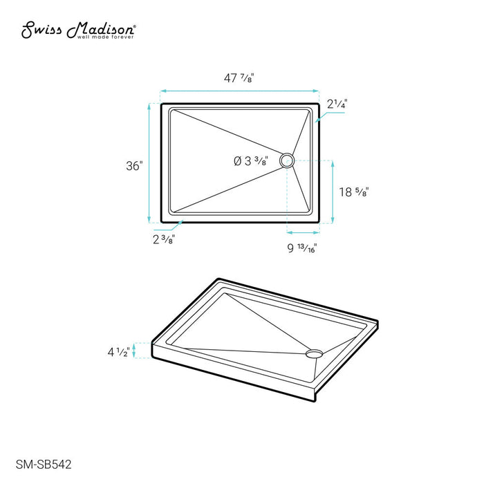 Swiss Madison Carre 48" x 36" Acrylic White, Single-Threshold, Right Drain, Shower Base - SM-SB542