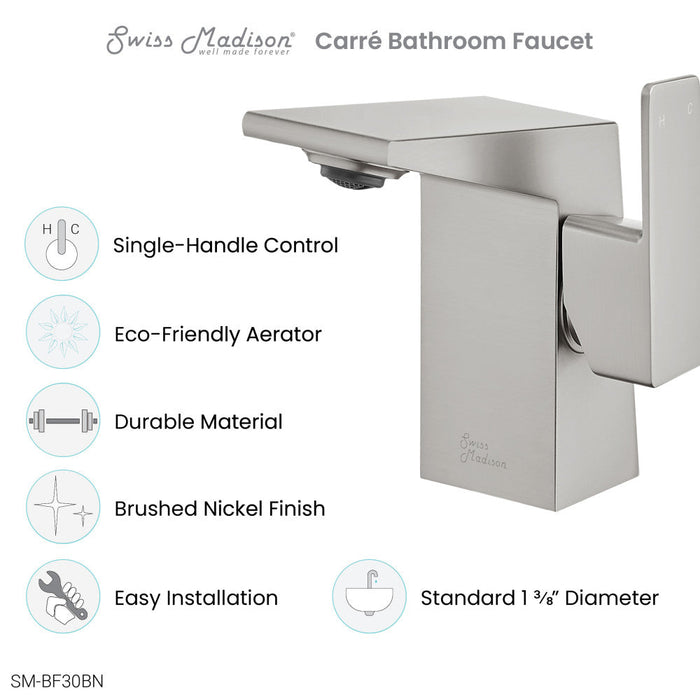 Swiss Madison Carre Single Hole, Single-Handle, Bathroom Faucet in Brushed Nickel - SM-BF30BN