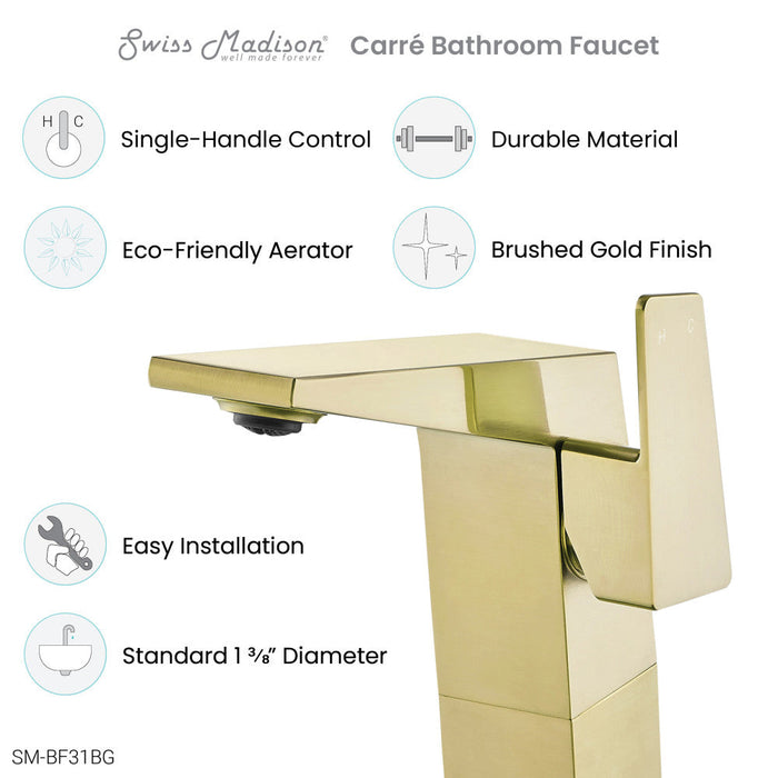 Swiss Madison Carre Single Hole, Single-Handle, High Arc Bathroom Faucet in Brushed Gold - SM-BF31BG