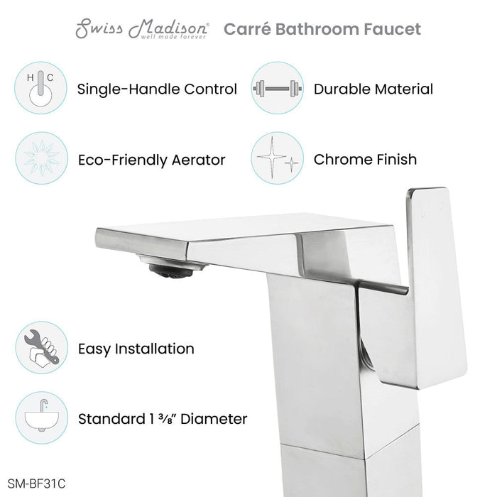 Swiss Madison Carre Single Hole, Single-Handle, High Arc Bathroom Faucet in Chrome - SM-BF31C