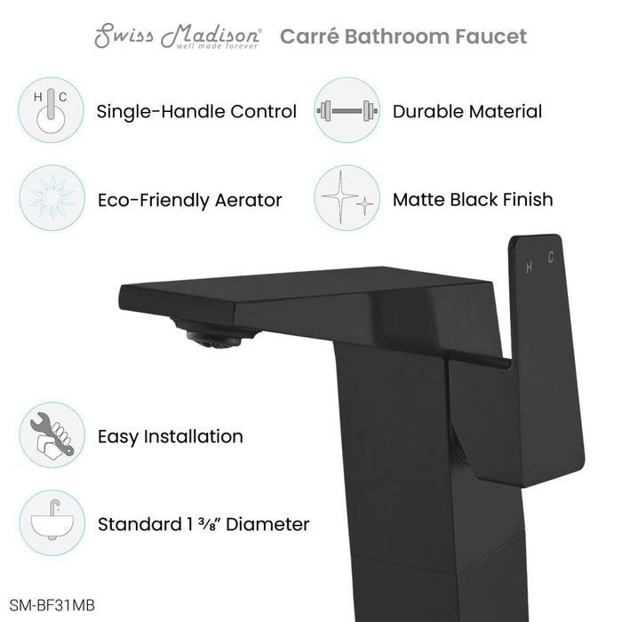 Swiss Madison Carre Single Hole, Single-Handle, High Arc Bathroom Faucet in Matte Black - SM-BF31MB