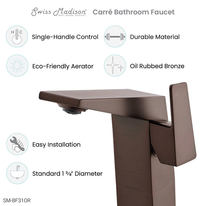 Swiss Madison Carre Single Hole, Single-Handle, High Arc Bathroom Faucet in Oil Rubbed Bronze - SM-BF31OR