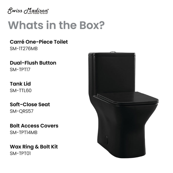 Swiss Madison Carre One Piece Square Toilet Dual Flush 1.1/1.6 gpf with 10" Rough-In, Matte Black - SM-1T276MB