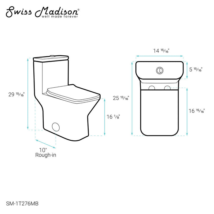 Swiss Madison Carre One Piece Square Toilet Dual Flush 1.1/1.6 gpf with 10" Rough-In, Matte Black - SM-1T276MB