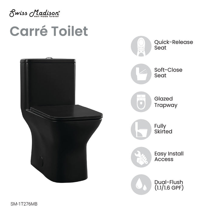 Swiss Madison Carre One Piece Square Toilet Dual Flush 1.1/1.6 gpf with 10" Rough-In, Matte Black - SM-1T276MB