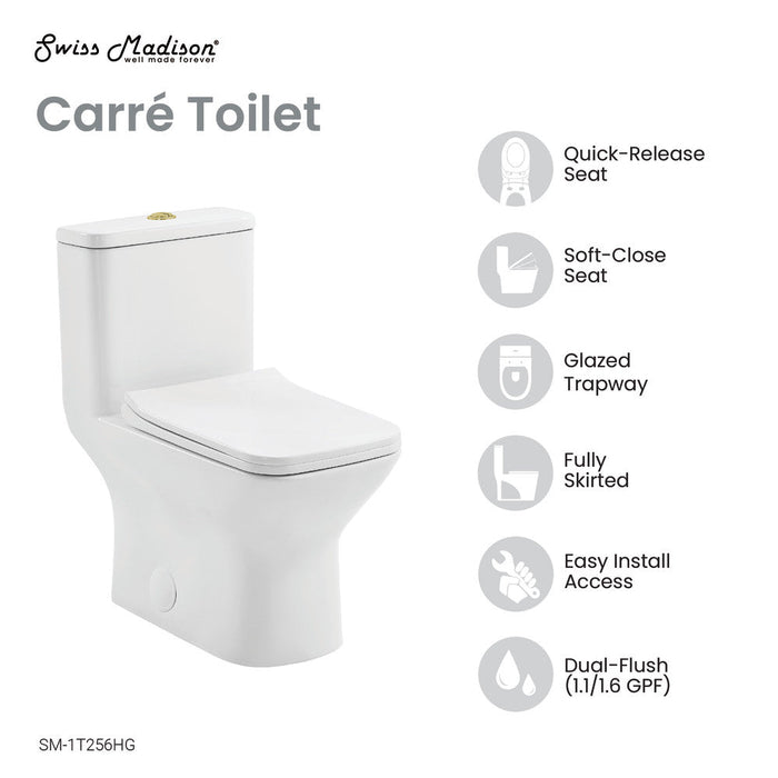 Swiss Madison Carre One Piece Square Toilet Dual Flush, Brushed Gold Hardware 1.1/1.6 gpf - SM-1T256HG