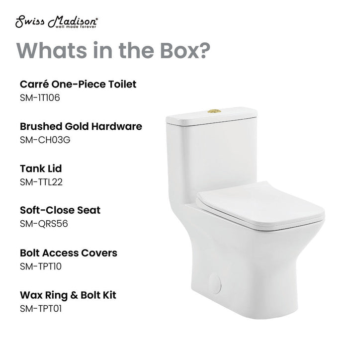 Swiss Madison Carre One Piece Square Toilet Dual Flush, Brushed Gold Hardware 1.1/1.6 gpf - SM-1T256HG