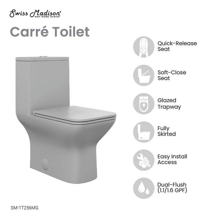 Swiss Madison Carre One-Piece Square Toilet Dual-Flush in Matte Grey1.1/1.6 gpf - SM-1T256MG