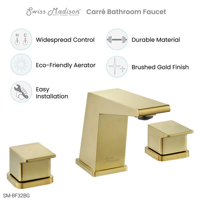 Swiss Madison Carre 8 in. Widespread, 2-Handle, Bathroom Faucet in Brushed Gold - SM-BF32BG