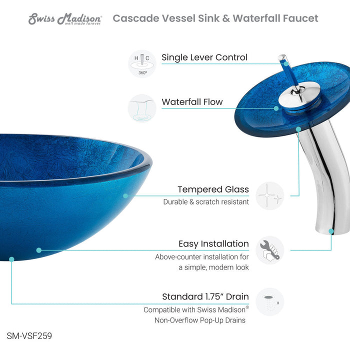 Swiss Madison Cascade 16.5 Glass Vessel Sink with Faucet, Ocean Blue - SM-VSF259