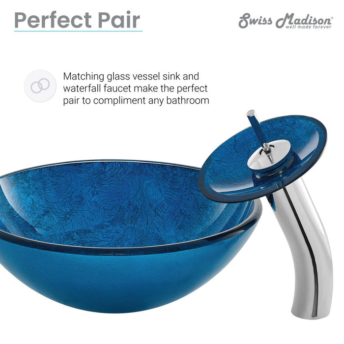 Swiss Madison Cascade 16.5 Glass Vessel Sink with Faucet, Ocean Blue - SM-VSF259