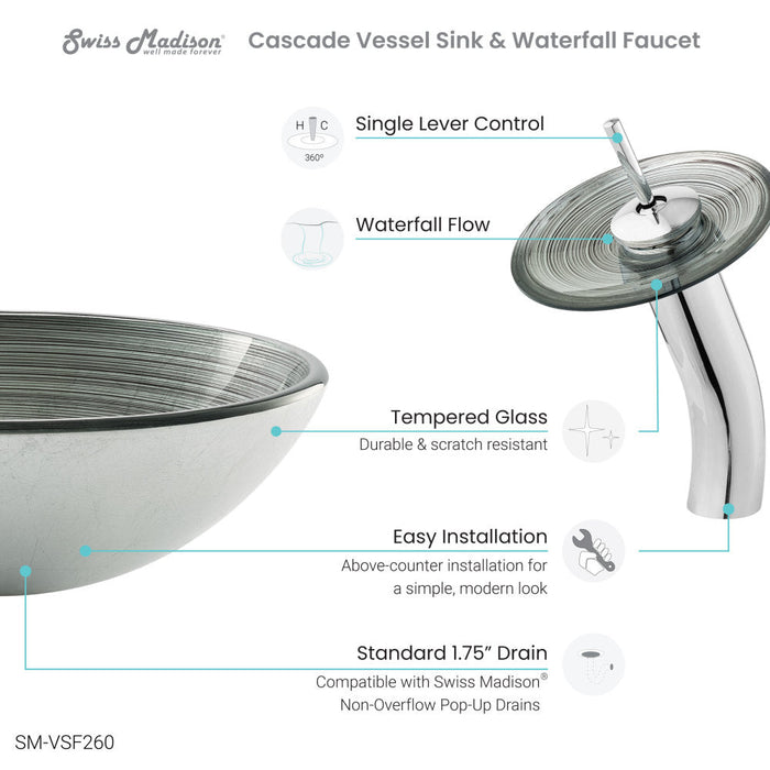 Swiss Madison Cascade 16.5 Glass Vessel Sink with Faucet, Smoky Grey - SM-VSF260