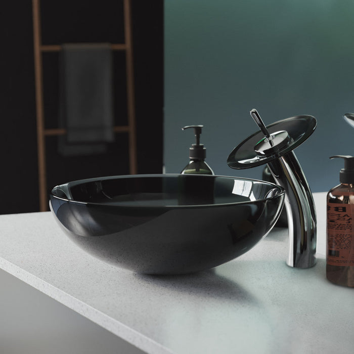 Swiss Madison Cascade 16.5 Color Glass Vessel Sink with Faucet, Black - SM-VSF253