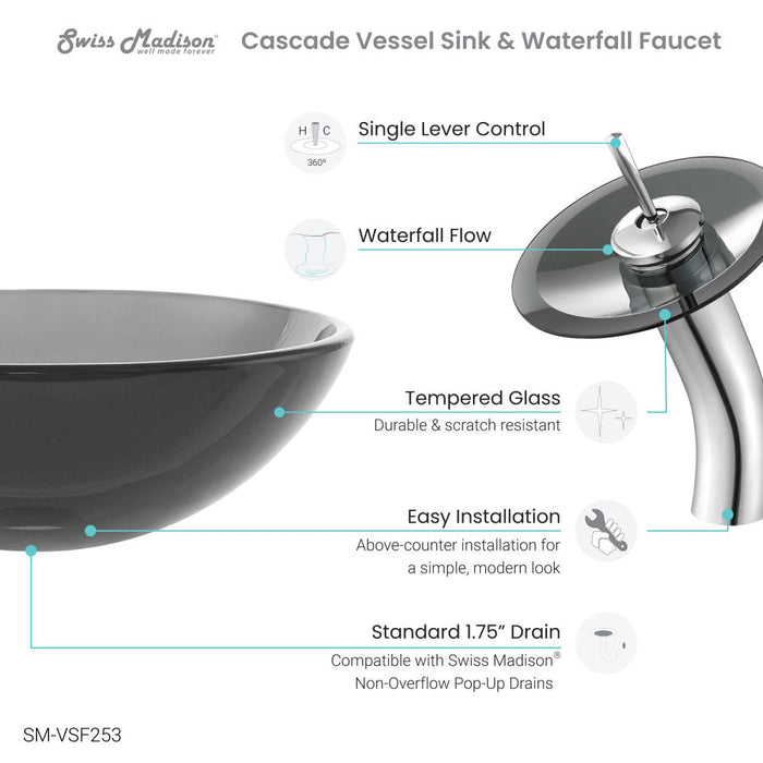 Swiss Madison Cascade 16.5 Color Glass Vessel Sink with Faucet, Black - SM-VSF253