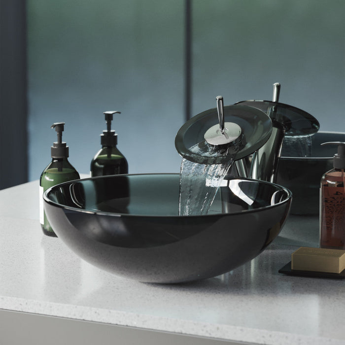 Swiss Madison Cascade 16.5 Color Glass Vessel Sink with Faucet, Black - SM-VSF253