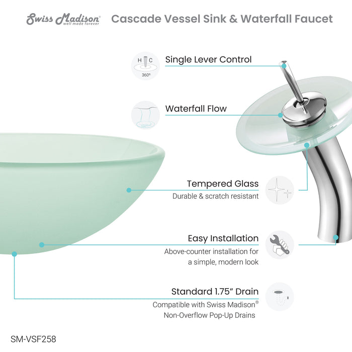 Swiss Madison Cascade 16.5 Color Glass Vessel Sink with Faucet, Frost - SM-VSF258