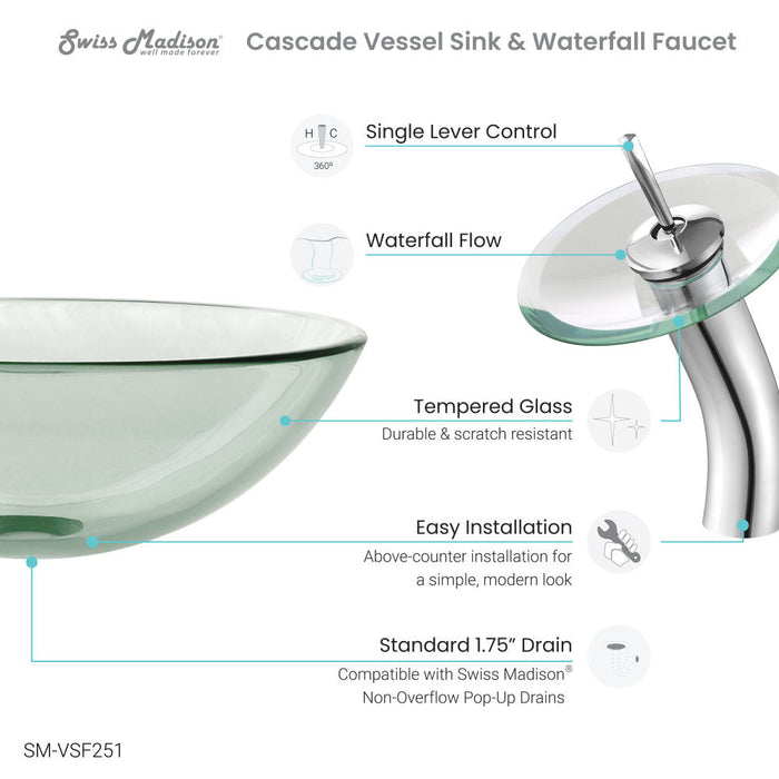 Swiss Madison Cascade 16.5 Glass Vessel Sink with Faucet, Clear - SM-VSF251