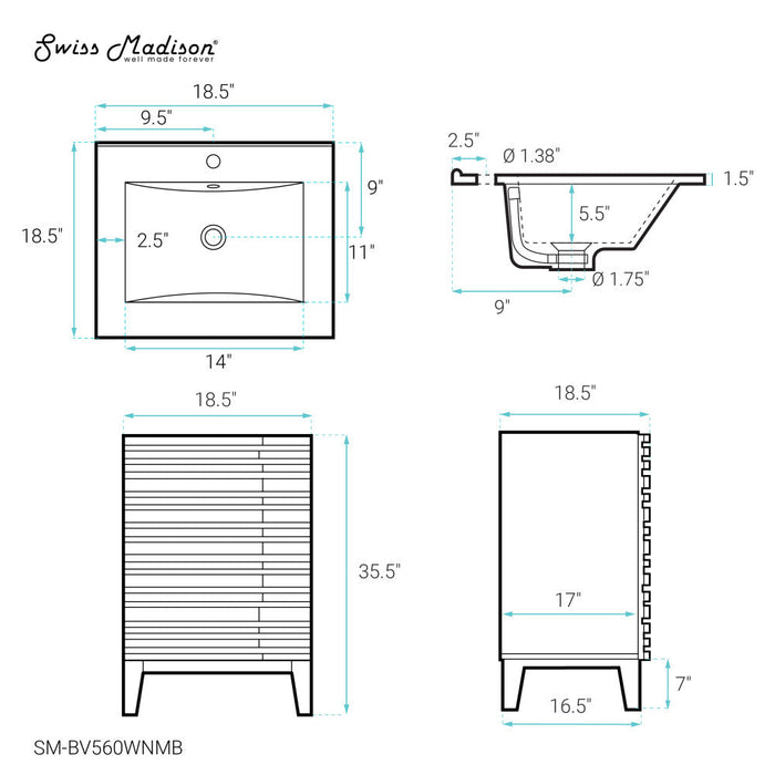 Swiss Madison Cascade 18 in. Brown Oak Bathroom Vanity With Black Ceramic Sink Top - SM-BV560WNMB