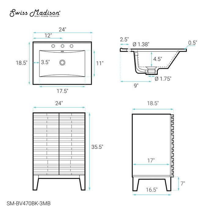 Swiss Madison Cascade 24 in. Brown Oak Bathroom Vanity With Black, 3-Hole Ceramic Sink Top - SM-BV470BK-3MB