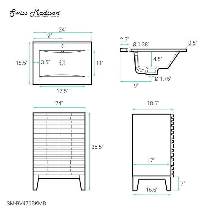 Swiss Madison Cascade 24 in. Brown Oak Bathroom Vanity With Black Ceramic Sink Top - SM-BV470BKMB