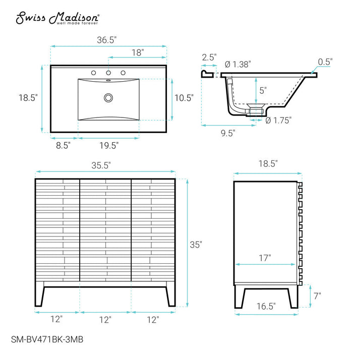 Swiss Madison Cascade 36 in. Brown oak Bathroom Vanity With Black, 3-Hole Ceramic Sink Top - SM-BV471BK-3MB