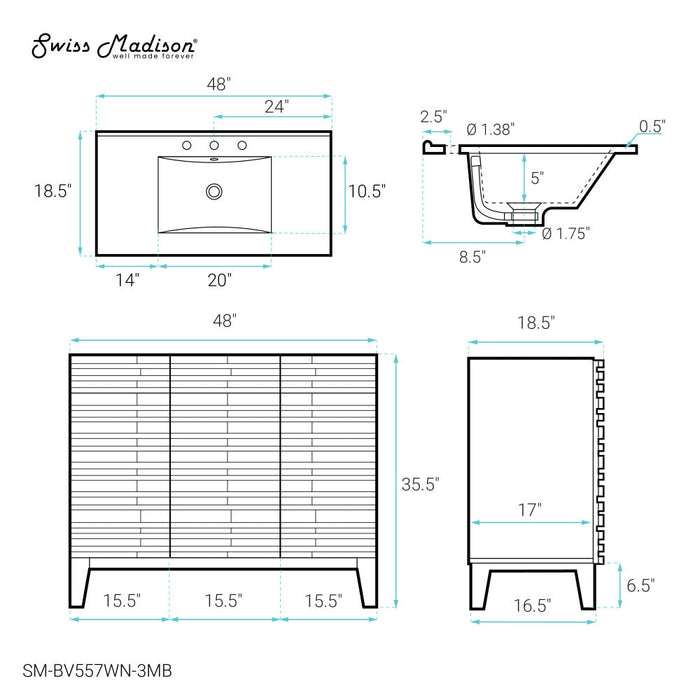 Swiss Madison Cascade 48 in. Brown Oak Bathroom Vanity With Black, 3-Hole Ceramic Sink Top - SM-BV557WN-3MB