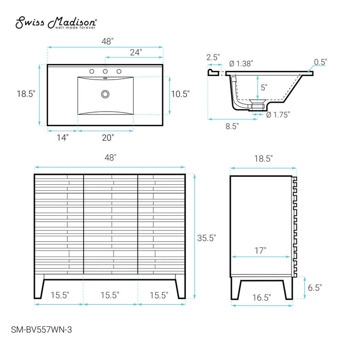 Swiss Madison Cascade 48 in. Brown Oak Bathroom Vanity With White, 3-Hole Ceramic Sink Top - SM-BV557WN-3