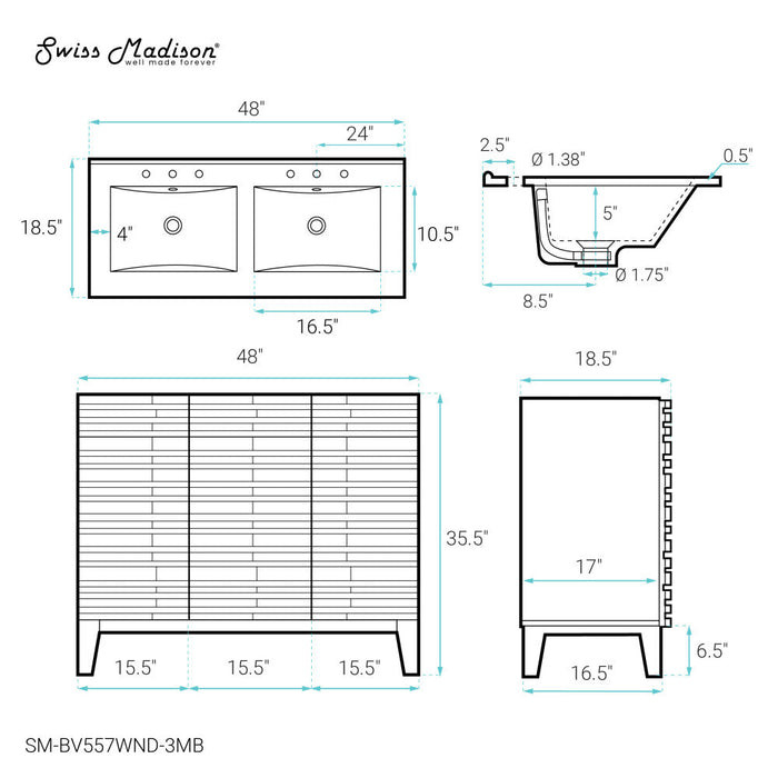 Swiss Madison Cascade 48 in. Brown Oak, Double Basin Bathroom Vanity With Black, 3-Hole Ceramic Sink Top - SM-BV557WND-3MB