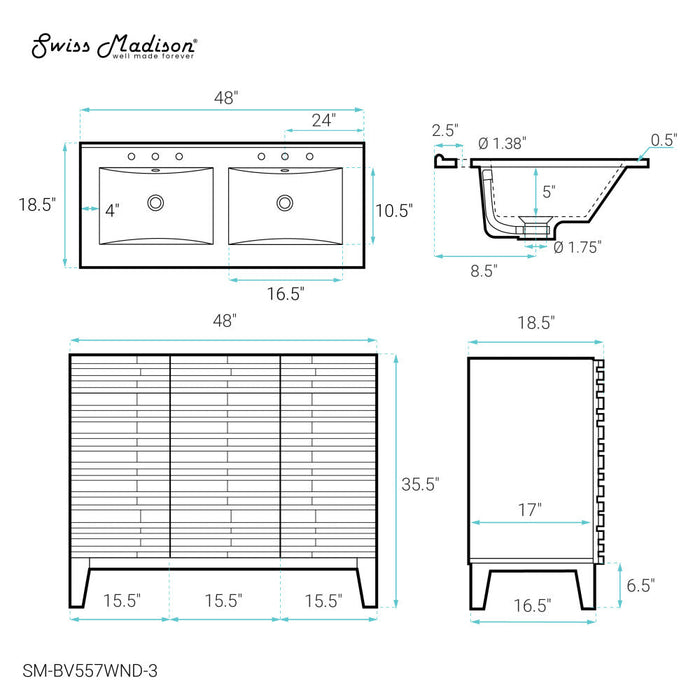 Swiss Madison Cascade 48 in. Brown Oak, Double Basin Bathroom Vanity With White, 3-Hole Ceramic Sink Top - SM-BV557WND-3